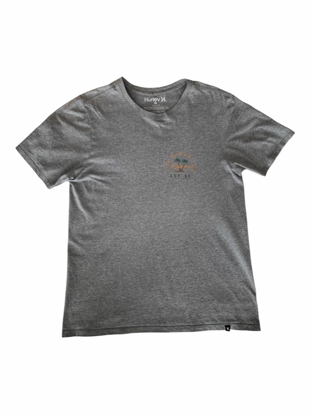 Hurley T-Shirt Men's Size Medium Grey Short Sleeves Crewneck Logo Palm Trees